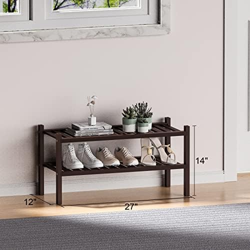 ROMGUAR CRAFT 2 Tier (Thick) Bamboo Shoe Rack for Closet Free Standing Wood Shoe Shelf for Entryway Small Space Stackable 27"x12"x14" (Black Brown) - Image 3