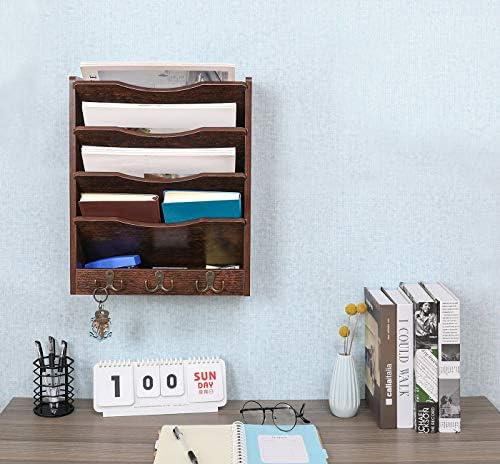 PAG-Mass 5-Tier Wall File Holder Hanging Mail Organizer Wood Magazine Literature Rack with 6 Hooks, Brown - Image 4
