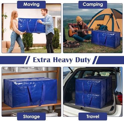 12 Pack Moving Bags with Full-Open Side Zipper, Extra Large 93L Heavy Duty Waterproof Foldable Storage Totes for College Dorm, Moving & Home Organization Blue - Image 7