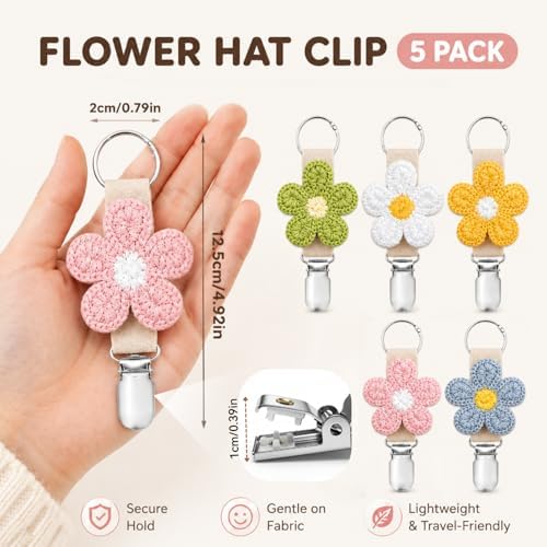 Flower Hat Clips for Travel on Bag, 5 Pcs Elastic Hat Holder for Beach Vacation, Hat Carrier Clips for Purse, Tote, Backpack and Luggage,White, Pink, Green, Yellow, Blue - Image 2