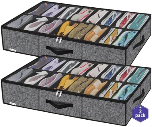 Onlyeasy Sturdy Under Bed Shoe Storage Organizer with Handles and Clear Window Fit 16 to 32 Pairs, Premium Foldable Shoes Container Box for Closet, 37.7x 23.6x 5.9 inch, Cotton-like Black, MXBUBS16P2 by Onlyeasy