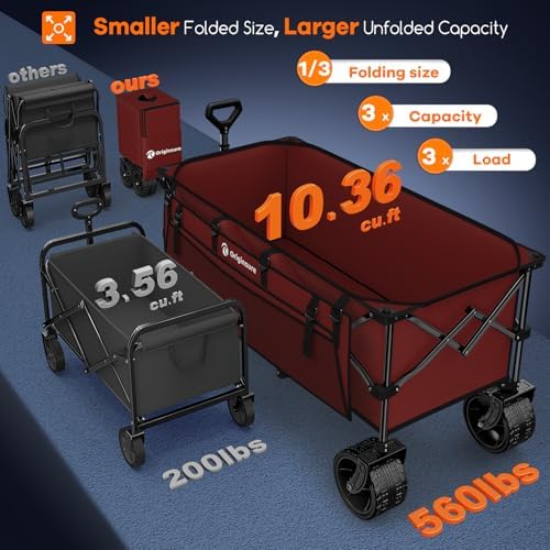 Originsure 300L Beach Wagons Carts Foldable with Big Wheels, 560lbs, Red - Image 3