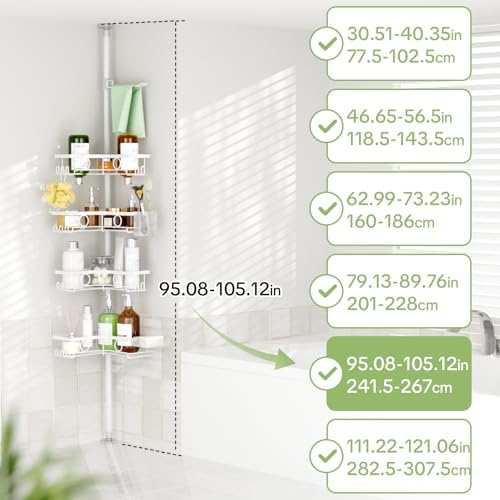 Corner Shower Caddy Tension Pole, 4 Tier Rustproof Shower Tension Rod Organizer with Soap Holder & Hooks, Adjustable 30-121 Inch Bathroom Shelf for Renters - Family Stand Storage Rack, White - Image 2