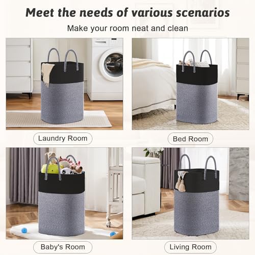 Laundry Basket,Woven Cotton Rope Laundry Hamper,Versatile Storage for Dirty Clothes,Baby Toys,and Blankets in Bathroom, Nursery,and Living Room (Black, 100L) - Image 5