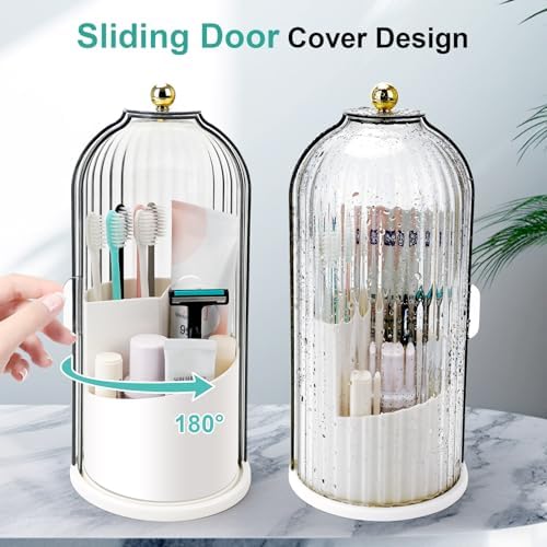 QIYVLOS Toothbrush Holders with Sliding Lid, Rotating 3 Slots Bathroom Organizer Countertop, Tooth Brush Toothpaste Holder Bathroom Counter Stand Sink Organizer Caddy for Vanity Makeup Brushes Holder - Image 2