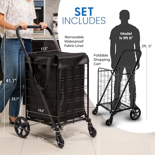SereneLife Large Folding Utility Shopping Cart with Removable Liner – Heavy Duty, 360° Swivel Wheels, 110 lb Capacity, Portable for Groceries, Laundry, Luggage, and More (Black) - Image 3