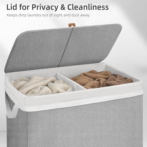 STORAGE MANIAC Double Laundry Hamper with Lid, 140L Tall Metal Frame Laundry Baskets with Removeable Bag, Large Clothes Hamper with PU Tag, Laundry Bin for Dorm, Collage, Bathroom, Bedroom, Gray - Image 5