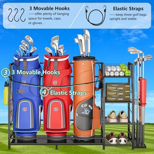 Golf Bag Stand for Golf Bag Accessories, Golf Bag Storage Organizer Fits 3 Bags for Garage Organization, Golf Organizer with Extra Storage Rack for Golf Clubs & Golf Essentials, Golf Gifts for Men - Image 3