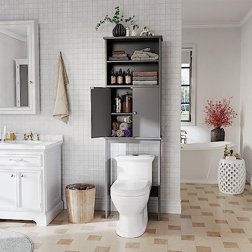 Over the Toilet Storage Cabinet for Bathroom, Storage Cabinets Over Toilet, Bathroom Floor Mounted Cabinet Space Saver with Adjustable Shelf and 2 Open Shelves, 75in, Grey - Image 3