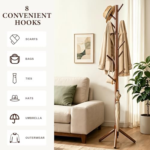 Wooden Coat Rack Freestanding with 8 Hooks & 3 Adjustable Sizes for Clothes, Space-Saving Design for Bedroom Office Entrance Holds Hats Coats Scarves Bags - Image 3