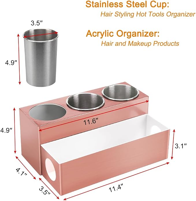 GFWARE Hot Hair Styling Tool Organizer with 3 Stainless Steel Cups, Pink - Image 7