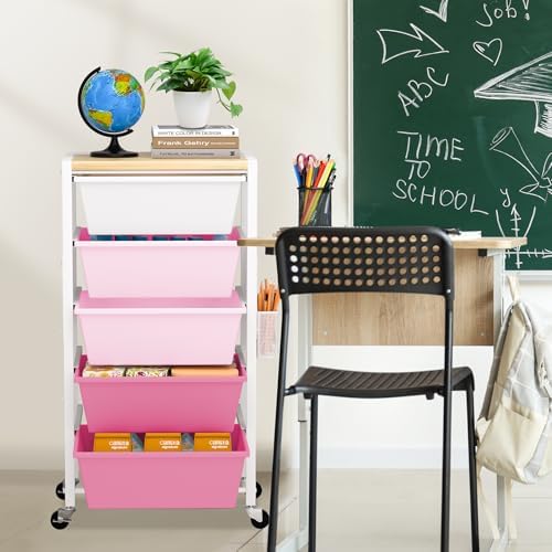 Rolling Cart with Drawers, Rolling Storage Cart with Large Plastic Drawers & Wooden Tabletop, Utility Cart with Pegboards & Basket, Storage Drawers Cart for Living Room, Classroom, Bedroom, Office - Image 6