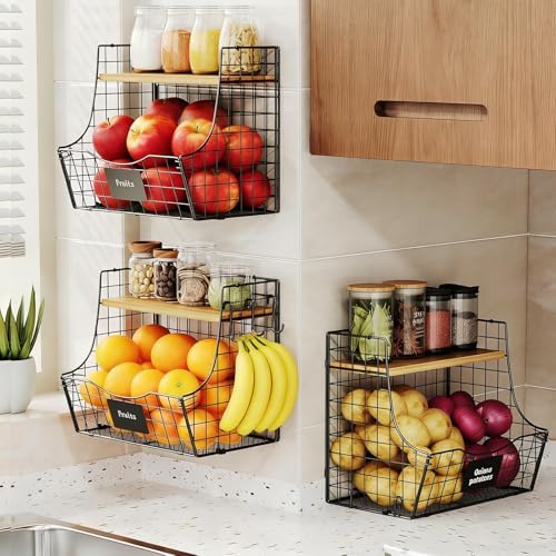 3 Pack wire Fruit Basket for Kitchen with Wood Lid - Counter&Wall Mounted Onion and Potato Storage with Nameplate, Hanging Baskets for Vegetable,11.81 * 10.63 * 8.66 Inch - Image 4