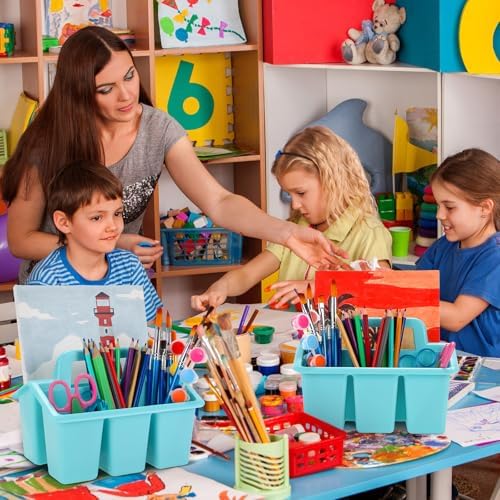 WILLBOND 12 Pcs Classroom Storage Caddies Stackable Utility Caddies with 4 Compartment Plastic Caddy with Handle Portable Storage Bins Organizers for Kids Schools Art Craft Supplies - Image 2