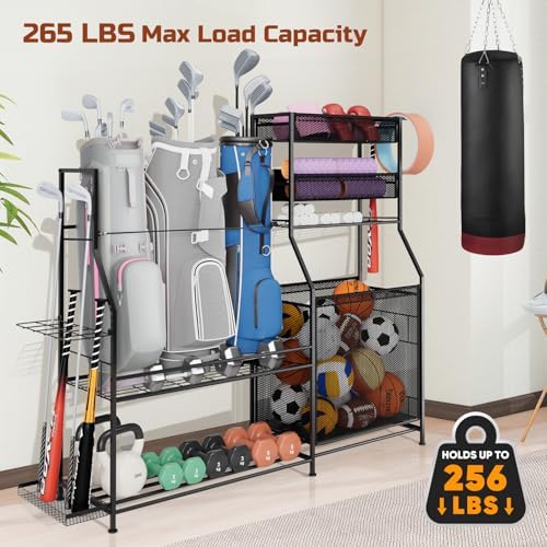 Garage Sports Equipment Organizer, 3 Golf Bag Organizer Stand Heavy-Duty Ball Storage Rack with Basket and Hooks, Ball Storage Cart for Toy Sports Gear Storage, Black - Image 3