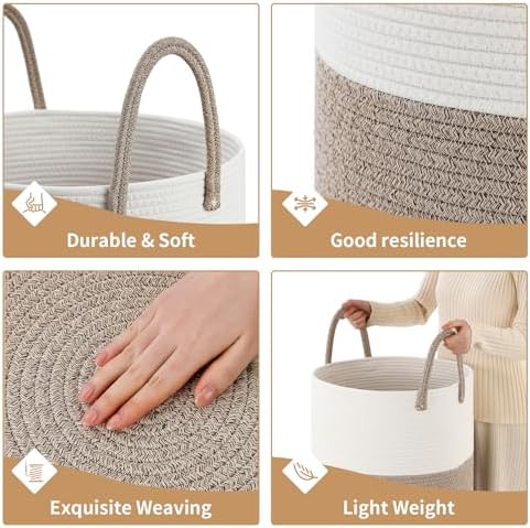 Laundry Basket Hamper Tall Rope Storage Woven for Blanket toys Dirty Clothes in Living Room Bathroom Bedroom (White&Brown, 80L/21.3Gal) - Image 5