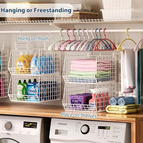 6 Tier Extended Depth Hanging Closet Organizer, Closet Storage Hanging Shelves with Hanging Hooks for Clothes Sweaters Towels Handbags, Stackable Metal Mesh Bins For Closet, Laundry, Bathroom, Dorm - Image 2