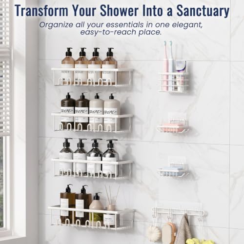 8 Pack Adhesive Rustproof Shower Caddy with Soap Dishes, Toothbrush Holder & Hooks, Large Capacity No-Drilling Shower Shelves Rack for Bathroom Organizers and Storage Accessories, White - Image 3