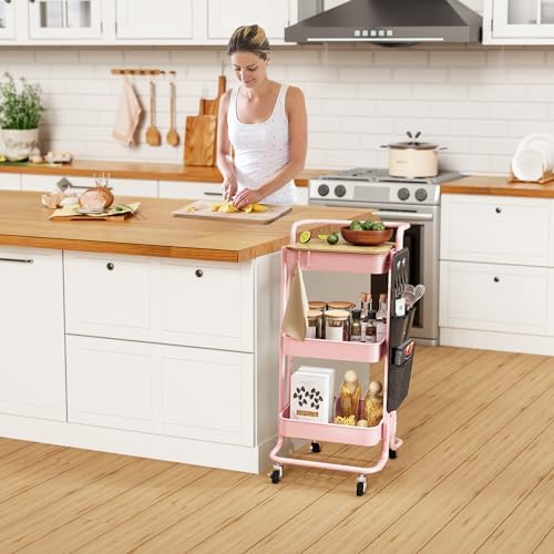 DTK 3-Tier Rolling Cart with Table Top, Metal Utility Cart with Side Bags - Image 6