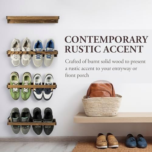 MyGift Rustic Wood Wall Shoe Rack, Holds 8 Pairs, 4pc Organizer Set - Image 4