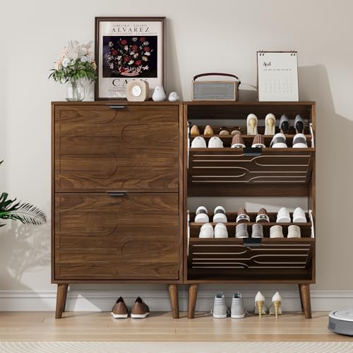 Shoe Cabinet Storage for Entryway with 2 Flip Drawers, Narrow Shoe Cabinet for Entryway, Hidden Slim Shoe Organizer Rack Cabinet (Brown, 23.6" W) - Image 5