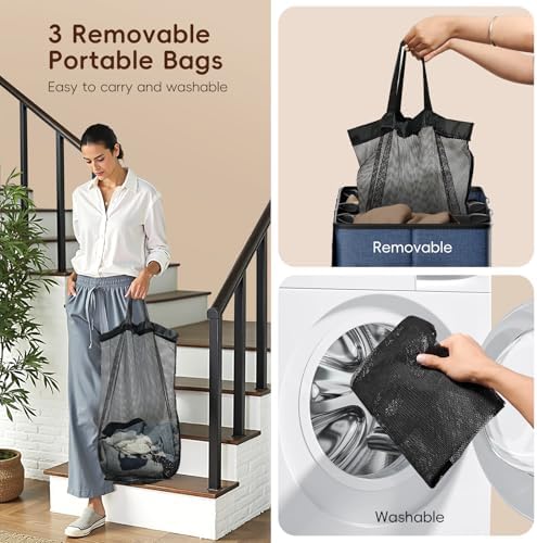 185L Laundry Hamper 3 Section, Laundry Hamper with Lid, Dirty Clothes Hamper with 3 Removable Washing Bags, Extra Large Laundry Basket Organizer for Bedroom, Laundry Room, Dorm - Navy Blue - Image 6