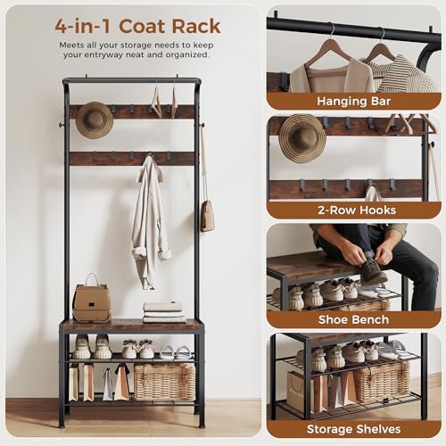 NEWBULIG Coat Rack, Hall Tree with Shoe Bench, 4-in-1 Entryway Organizer with 10 Hooks and Storage Shelf, Rustic Wood Entryway Bench for Mudroom, Living Room, Bedroom, Brown - Image 4
