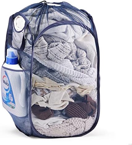 TECHMILLY Collapsible Mesh Pop Up Laundry Hamper with Sturdy Handles and Side Pocket - Portable Foldable Clothes Baskets for Dorm, Bathroom & Travel Storage (with Drawstring, Blue) by TECHMILLY
