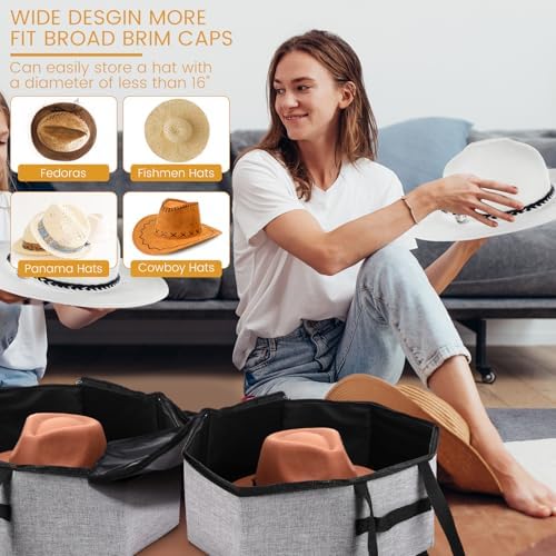 Wonderjune 2 Pcs Cowboy Hat Box for Storage Collapsible Sturdy Cowboy Hat Case with Handle for Men and Women Travel Storage Organizer Large Cap Bag for Closet(Gray) - Image 6