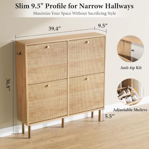 Nicetree Shoe Storage Cabinet for Entryway - Ultra Slim Shoe Cabinet with Tiered Fluted Design - Modern Shoe Organizer with Gold Legs, Hidden Shoe Rack for Small Spaces, Fits Men's Size 13.5 - Image 2
