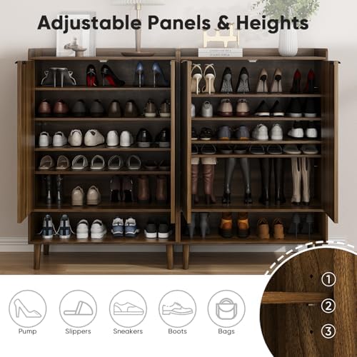 Smuxee Walnut Shoe Cabinet with Fluted Doors, 6-Tier Shoe Storage Cabinet with Adjustable Shelves, Freestanding Shoe Organizer Cabinet for Entryway, Hallway, Closet, Living Room - Image 4