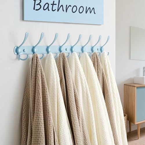 Dseap Coat Rack Wall Mount - 29.5” Long 8-Tri-Hooks Heavy Duty Coat Hanger Rail Wall Hooks for Hanging Coats Hats Clothing Clothes Purse Mudroom Entryway, Blue - Image 5