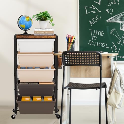 Rolling Cart with Drawers, Rolling Storage Cart with Large Plastic Drawers & Wooden Tabletop, Utility Cart with Pegboards & Basket, Storage Drawers Cart for Living Room, Classroom, Bedroom, Office - Image 6