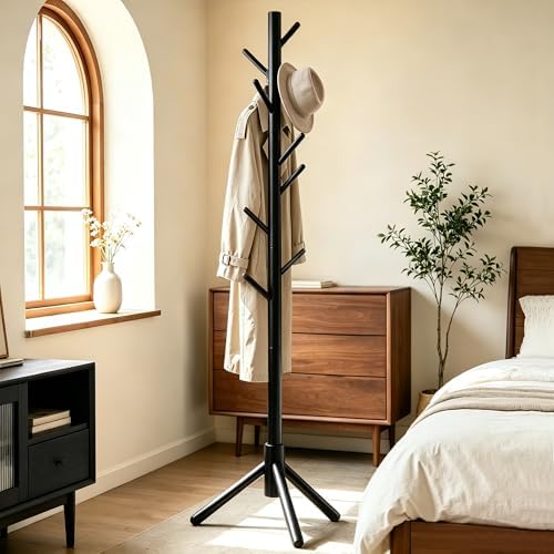 Wooden Coat Rack Freestanding with 8 Hooks & 3 Adjustable Sizes for Clothes, Space-Saving Design for Bedroom Office Entrance Holds Hats Coats Scarves Bags - Image 7