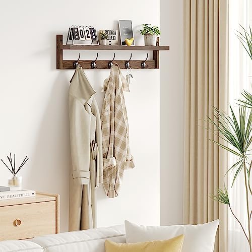 AMBIRD 28.9 Inch Length Shelf with Hooks Entryway Coat Rack Wall Mount Wood Coat Hooks with Shelf Wall-Mounted Coat Hook Rack with 5 Dual Hooks for Bathroom, Living Room, Bedroom (Brown) - Image 2