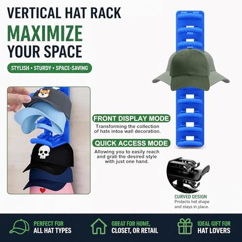2 Pack Hat Organizer for Baseball Caps, Hats Rack for Wall | Space Saving Cap Holder for Closet Door, Bedroom, Entryway, Dorm, Home Improvement (Blue) - Image 6
