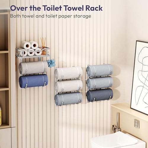 SWTYMIKI Over the Door Towel Rack - 9 Tier Towel Racks for Bathroom Wall Mounted, Towel Holder with Shelf, Hanging Rolled Towel Storage Organizer for Small Bathroom, Camper, RV, Sliver - Image 4