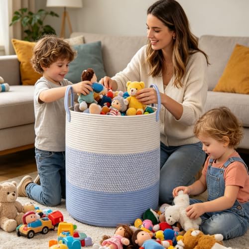 70L Woven Laundry Basket, Large Clothes Hamper with Handles- Blue - Image 4
