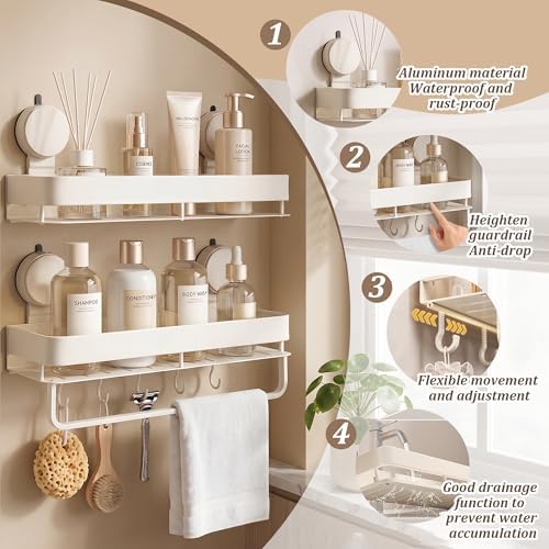 Wide Aluminum Suction Cup Shower Caddy(2-Pack Cream White),Shower Shelves for Bathroom Wall,Wall Mounted Bathroom Shelves with Towel Bar & Hooks - Image 2