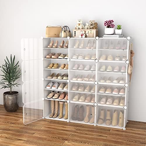 Portable Shoe Rack Organizer with Door, 48 Pairs Shoe Storage Cabinet Easy Assembly, Plastic Adjustable Shoes Organizer Stackable Detachable Free Standing Shoes Rack White - Image 2