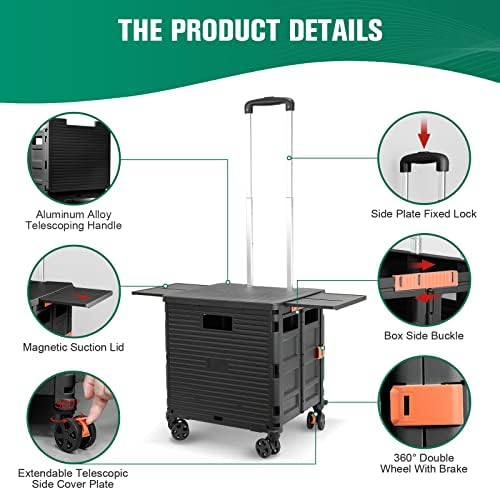 Foldable Utility Cart Folding Portable Rolling Crate with Magnetic Extended Lid,360°Rotate Wheels,176LBS Load Capacity,Heavy Duty Durable Dolly Cart for Teacher Tourist Shopping Office Outdoor - Image 3