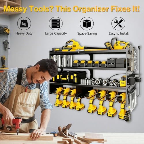 Heavy Duty Power Tool Organizer Wall Mount with Charging Station with 4 Power Strip, 4 Layer Tool Storage Rack with 8 Drill Holder, 700 lbs load capacity - Image 5
