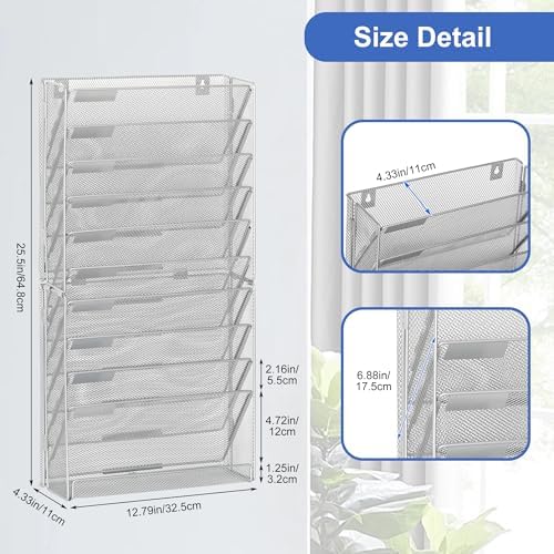 EasyPAG Wall File Holder 10 Tier Mesh Hanging Folder Organizer with Flat Tray Wall Mounted Mail Organizer Magazine Paper Desk Shelf with Nametag Label for Office Home School, Silver - Image 3