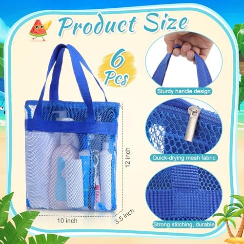 6 Pcs Mesh Beach Bags Bulk Portable Mesh Shower Caddy Bags with Zipper & 2 Pockets Hanging Toiletry and Bath Organizer for Beach Gym Camp Swimming Travel College Dorms (Classic Color) - Image 2