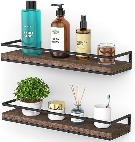 Meangood Floating Shelves Wall Mounted Set of 2, Rustic Wood Wall Storage Shelves for Bedroom,Living Room,Bathroom, Kitchen Brown by Meangood