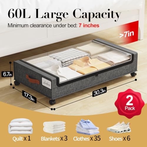 Yecaye 60L Under Bed Storage with Wheels, 2 Pack, Hemp Grey | 360° Rolling Wheels, Clear Lids & Label, Reinforced Handle, Rolling Metal Drawers for Clothes, Blankets, Shoes in Bedroom - Image 2