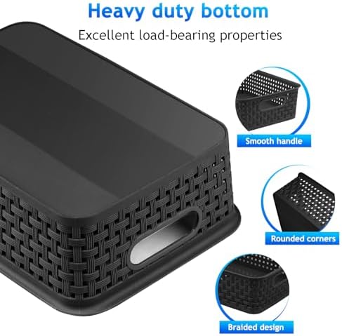 FUCDTEFC Black Plastic Basket, 8 Pack Home Organization and Storage Baskets with Handles, Space Saving Woven Organizer Bins Plastic Storage Basket for Organizing Cabinets,Closets, Shelves, Countertops - Image 2
