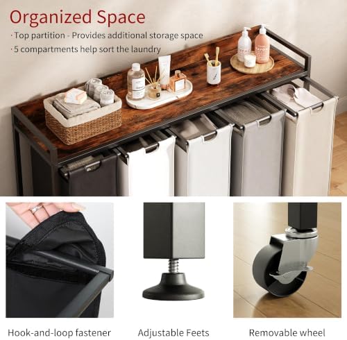 Herture Laundry Hamper with Shelf, Laundry Basket 5 Section, Laundry Sorter with Pull-Out Removable Large 5 Color Bags and Movable Wheels, Metal Frame, 5 x 15.87 Gallons (60L), Rustic Brown PF08XLN - Image 3