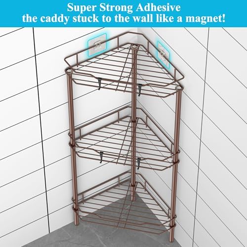 HuggieGems Metal Floor Standing Corner Shower Caddy, Coffee, 3 Tier - Image 2