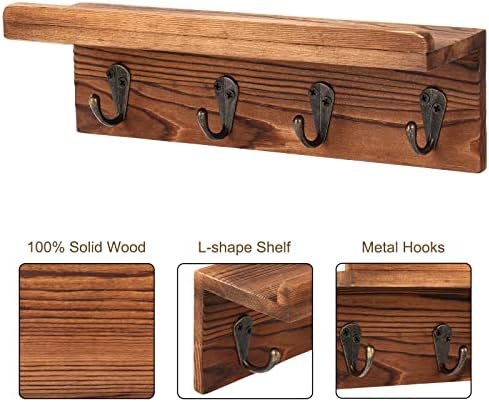 HRONRAD Rustic Key Holder for Wall, Farmhouse Wall Shelf with 4 Hooks, Wall Mounted Key Racks, Wooden Mail Organizer with Hooks for Entryway (Brown - Pine) - Image 3